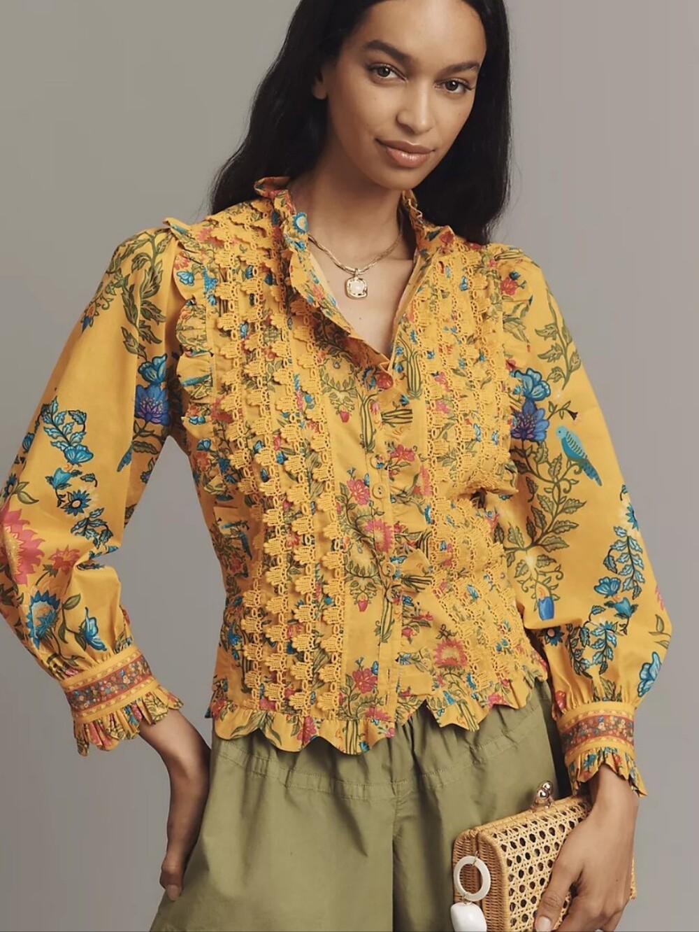 Farm Rio Anthropologie Puff- Sleeve Ruched Blouse Yellow Floral LS Button Up Med